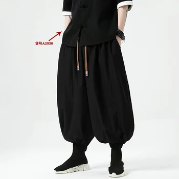 2023 Летни черни зреещи в корейски стил с еластична гумена лента на талията, мъжки ежедневни свободни памучни ленени панталони-фенери за мъже, размер M-5XL