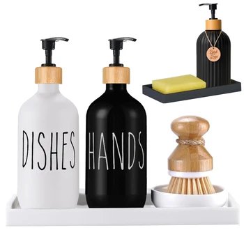 Опаковка сапун за кухненски мивки, бутилка за сапун за миене на съдове и ръце, Бамбук помпа, захранващи сапун, кухненски интериор