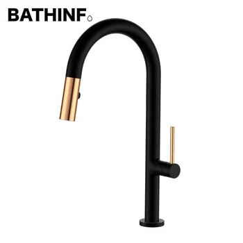 BATHINF модерна вик за измиване на месинг матово черно разтегателен с кухненски смесител с спрей за глава