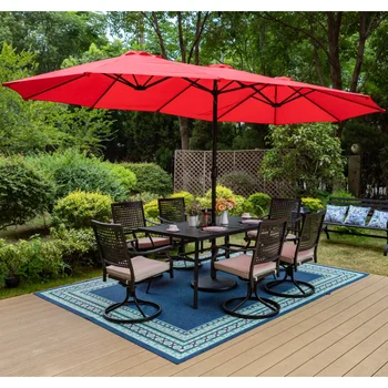 MF Studio 15-крак двустранен чадър за вътрешен двор с основание Голям Тенис на чадър за улици в Бежов цвят