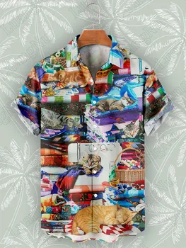 Летни мъжки ризи, модни Блузи с къс ръкав и принтом котка на Висококачествени, Ежедневни ризи с копчета в голям размер за мъже 2023, градинска облекло