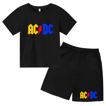 AC DC/Детски дрехи, Костюм и тениска за момчета и момичета, Модерен Летен комплект с кръгло деколте и писмото принтом за деца от 3 до 12 години, черен, бял