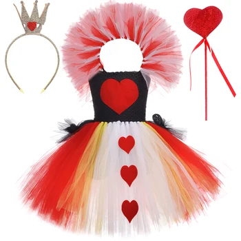 Червен костюм кралица на сърцата на Алиса в Страната на чудесата за момичета, карнавальное рокля-пакет за Хелоуин, детски празничен костюм с корона, магическа пръчка