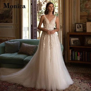 Сватбени рокли MONICA Блясък с дълбоко V-образно деколте За жени, без ръкави, с цип, с влак, С аппликацией Vestidos De Новия за поръчка