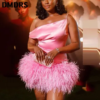 Атласное асиметрично мини рокля с открити рамене, розова рокля с едно рамо за парти в чест на рождения Ден На жените, сексуалното вечерна рокля