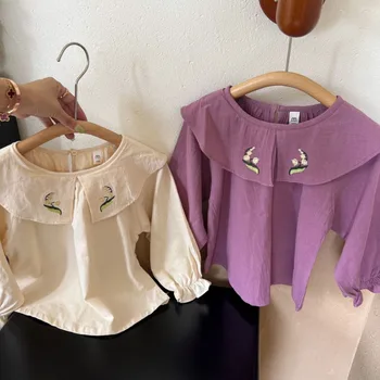 Блузи с цветна бродерия и отложным яка за момичета, памучни ежедневни ризи за момичета