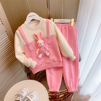 Есенни розови детски костюми за момчета и момичета, дебели пуловери с качулки, блузи, панталони, спортни костюми, пуловери, костюми с кукла зайче