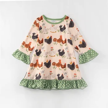 Girlymax Есен-зима, Детски дрехи за момиченца, селското стопанство пиле, Рокля с цветен модел на точки с Дължина до коляното, рокля с волани и дълъг ръкав