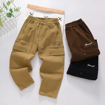 Дълги панталони от высокоэластичного кепър памук за момчета, есенни детски ежедневни панталони 2023 г., нов стил