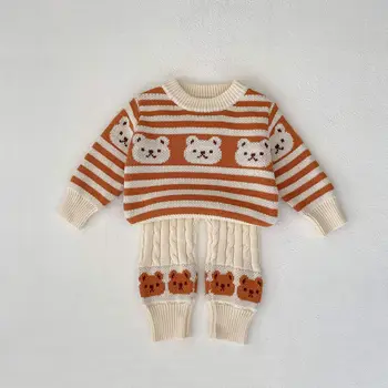 Детски шарен пуловер с мечка, Вязаная риза, Сладък пуловер с анимационни герои, Ежедневни панталони за момичета, памучно палто за деца