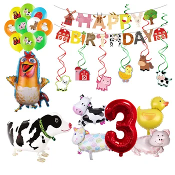 Балон на тема Ферма, Украса за Парти в чест на рождения Ден под формата на Животно, балони от латекс, алуминиево фолио за Еднократна употреба Посуда, Бебешки аксесоари за дейности, Банер