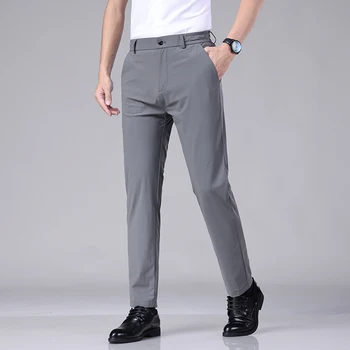 Летни Меки Костюмные панталони с висока еластичност, Мъжки тънък модерен бизнес панталони с еластичен ластик на талията, Корейската приталенная марка дрехи, ежедневни и официални панталони