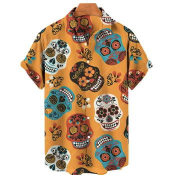Летни Мъжки ризи за Почивка, Модерни плажни Върхове с принтом Черепа Оверсайз, Готически блузи с къс ръкав, Хавайски ризи Мъжки 2023