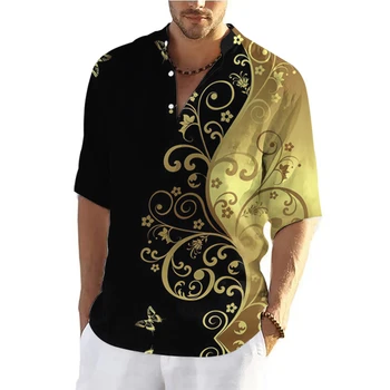 Мъжка риза, лятна тениска с 3D модерен принтом в Ретро стил, Хавайска риза с висока яка, по-големи размери, ежедневни улични мъжки блузи, тениски