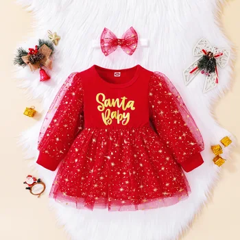 Коледа Сетчатое рокля с дълъг ръкав за новородено, момичетата от 0 до 4 години, през Есента дрехи с пайети за малки момичета
