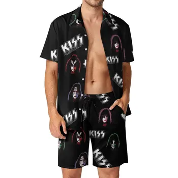 Плажни мъжки комплекти Kiss Band, ежедневни риза рок-музикант, Летни дизайнерски шорти, модерен костюм от 2 теми, големи размери 3XL