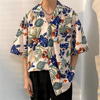 Мъжка риза с принтом под формата на цветни листа, тениски в стила на почивка на плажа, Хавайска мода, на Ревера, Однобортный топ с къс ръкав за почивка