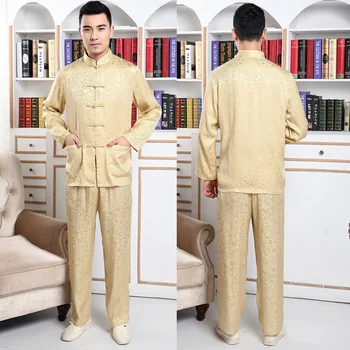 По-възрастните мъже копринени панталони с дълъг ръкав, костюм Тан, костюм тай-чи, дядо, пълна с китайска риза за практики от крепа с ароматизиран дълъг престой TP092