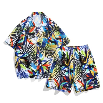 2023 Летни мъжки плажни панталони в хавайски плажния стил, риза с 3D растително принтом голям размер, свободно намаляване, ежедневни удобна риза 5XL