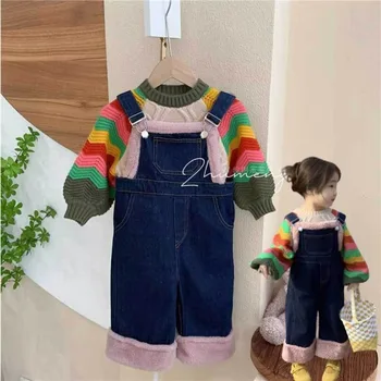 Комплект детски дрехи 2023, Пролет-Есен, Нов модерен пуловер с ръкави-фенерчета за момичета в корейски стил, Дънкови панталони, комплект от две части
