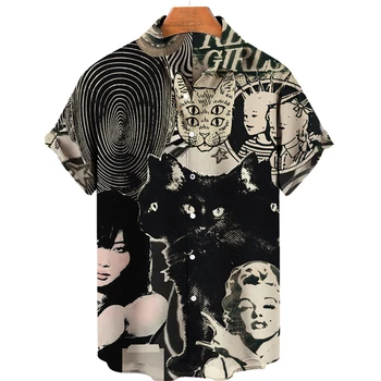 Модерен мъжки ризи в Рок стил с къси ръкави, забавен топ с принтом, Градинска дрехи, Мъжки ризи с копчета, дрехи в стил хип-хоп, Нова блуза
