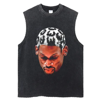 2023 Лятна мъжка мода моющаяся тениска без ръкави в стил хип-хоп с принтом Родмана, реколта майк, Уличен памук жилетка в стил Харадзюку