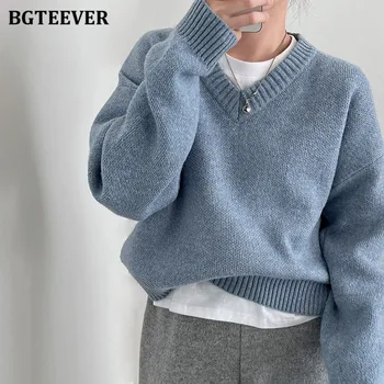 BGTEEVER/ Ежедневни Топли възли пуловери с V-образно деколте дамски Пуловери с дълъг ръкав, Джъмпери, Есен-зима