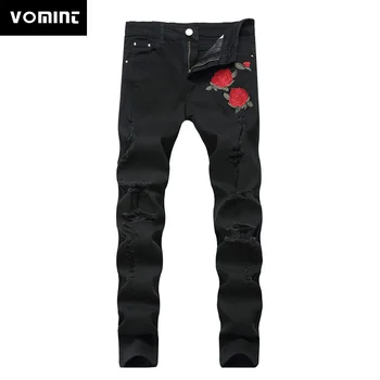 VOMINT/Нови Черни Скъсани дънки с бродерия, Мъжки Дънки с цветя, бродирани рози, Стрейчевые тесни дънкови панталони