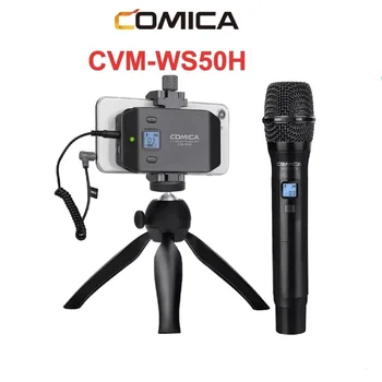 Comica до cvm-WS50H Ръчен Микрофон Безжичен UHF Микрофон 6 Канала Кондензаторен Микрофон Със Статив За iPhone Samsung Android
