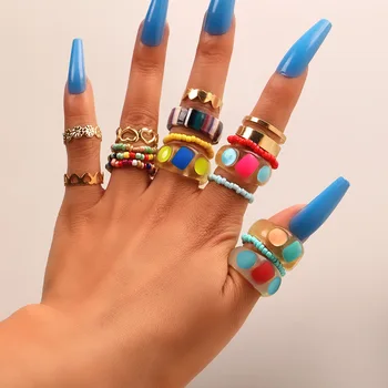 Богемные комплекти акрилни халки на пръста си от разноцветного топчета за жени, модни Индивидуални геометрични пръстени, бижута, подаръчни аксесоари