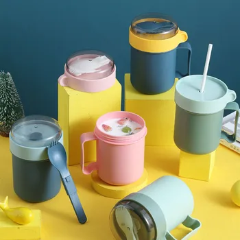 Японската Пластмасов уплътнител с писалка, Чаша за кафе с мляко, Изолирано чаша, по-Удобна бутилка за закуска, която можете да използвате микровълнова печка с лъжица за капак