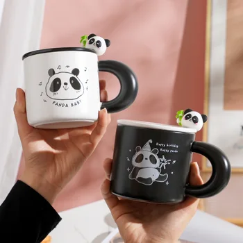 400 мл, чаша с изображение на Анимационни Панди, Триизмерна керамични Кафеена чаша с капак, лъжица, офис посуда за напитки, Домашни чаша за двойки, Мляко за закуска