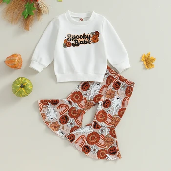 Citgeett/Есен облекло за Бебета и малки момичета на Хелоуин, Блузи с дълги ръкави и писмото принтом в цветенце + расклешенный комплект Дрехи