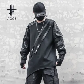 Hoody AOGZ с дълги ръкави и вложки, нередовна жилетки, Мъжки пуловер оверсайз Harajuku, технологичная градинска облекло, черен