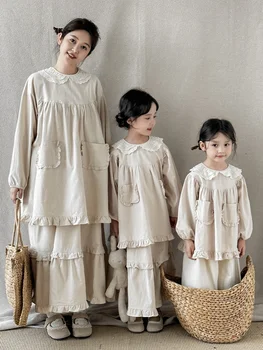 Пролет-есен стоп-моушън риза с ревера и ръкав-фенерче с дълги ръкави за момичета, Ретро пола-полукомбинезон за майки и дъщери, подходящо облекло
