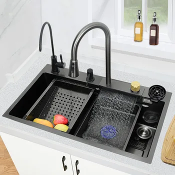 Кухненска мивка с Водопад от неръждаема стомана 304 75 см X 46 см, Черен Нано-богат на функции Мивка ръчно изработени, Кран с водопад над тезгяха